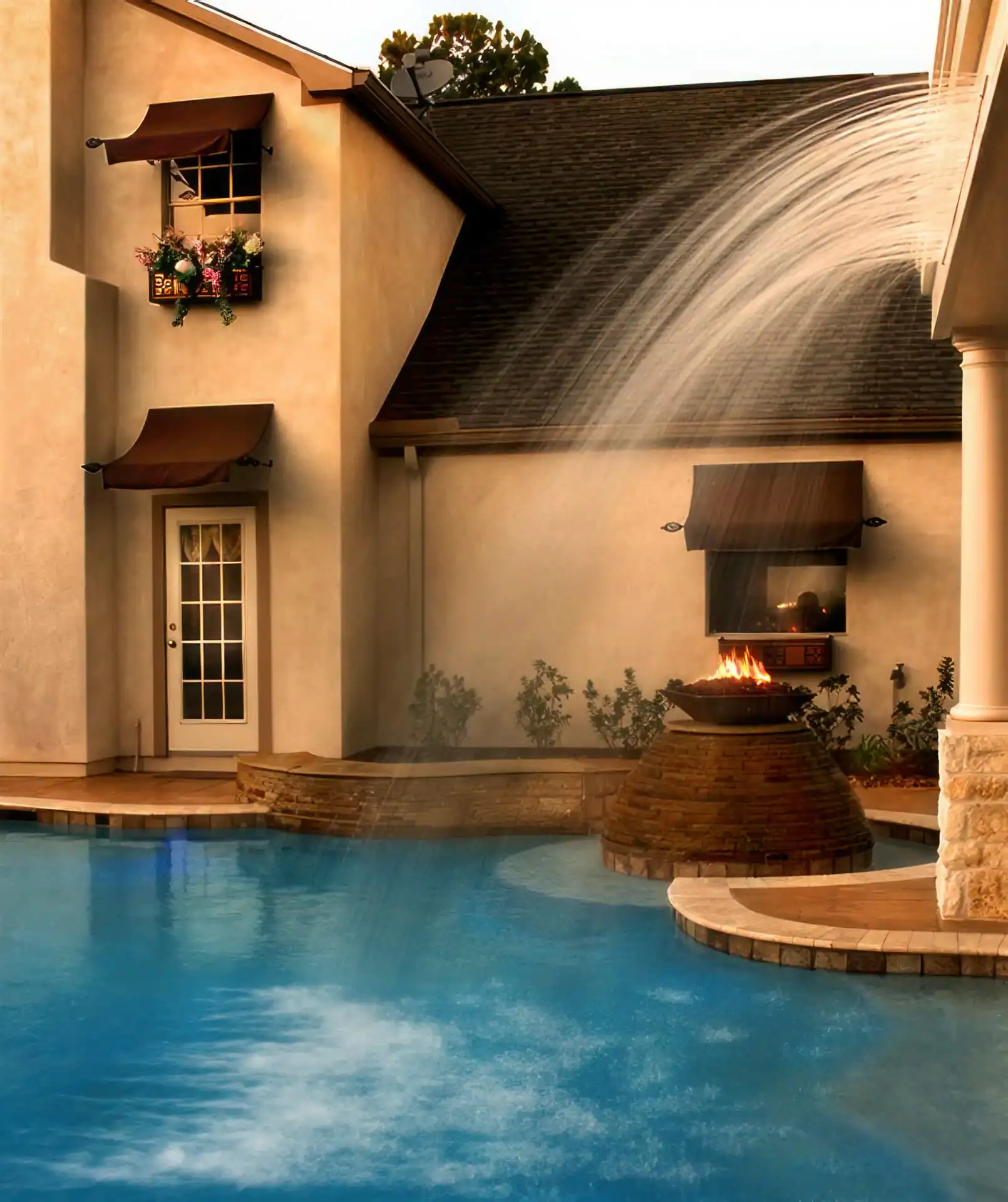 A backyard pool features a waterfall flowing from the roof into the water, with a fire bowl on a brick pedestal near the pool. Perfect for showcasing with photography services in Harris County, TX, the house boasts beige walls and brown awnings.